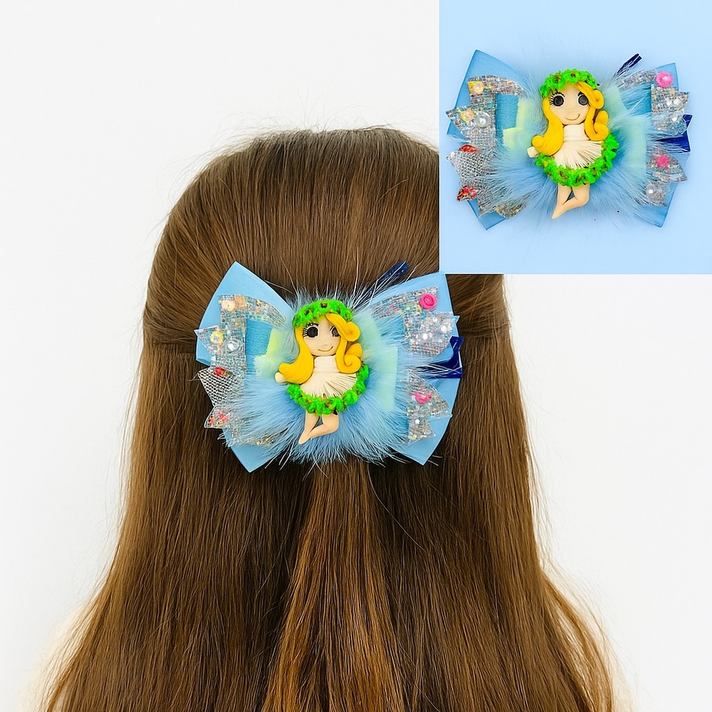 Flower Spring Hair Bow Clip With Clay Doll for Girls & Baby